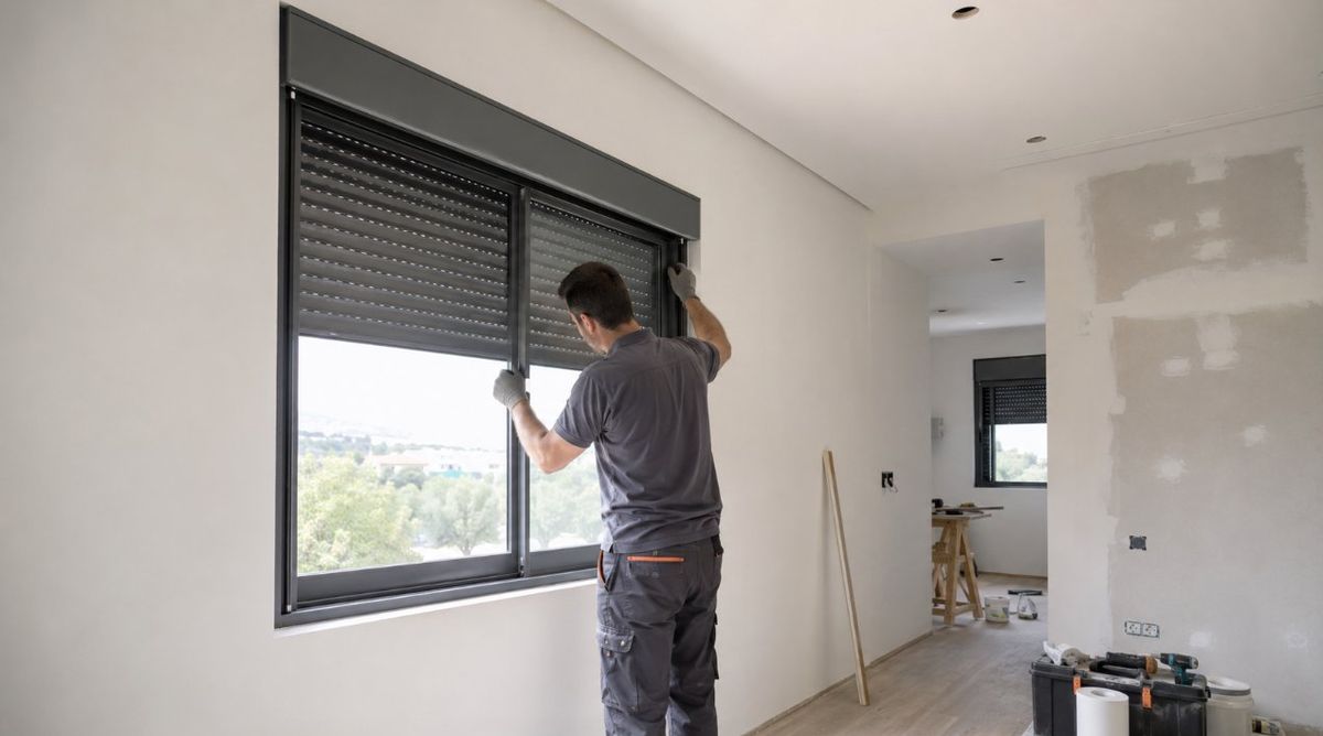 Instalador colocando una persiana nueva en una vivienda reformada