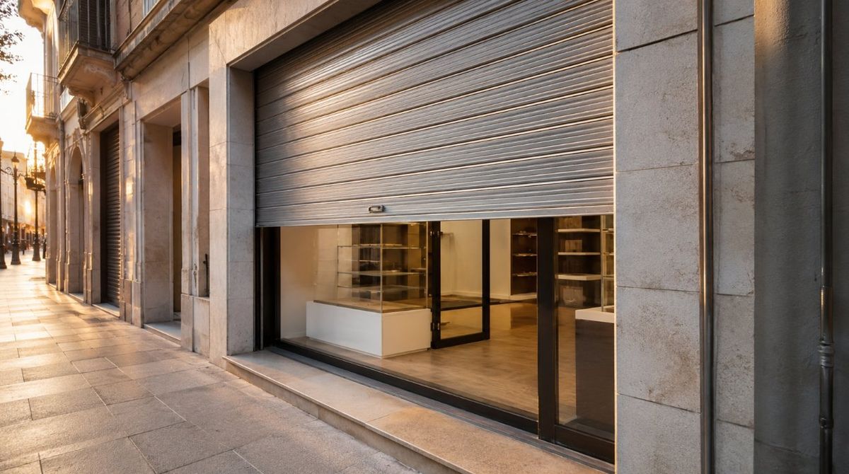 Persiana metálica de comercio medio subida en una calle de Cambrils